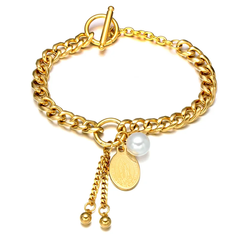 

REB016 Religious bracelet Stainless Steel with gold Electroplated Bracelet Catholic Virgin Mary big link chain Bracelet