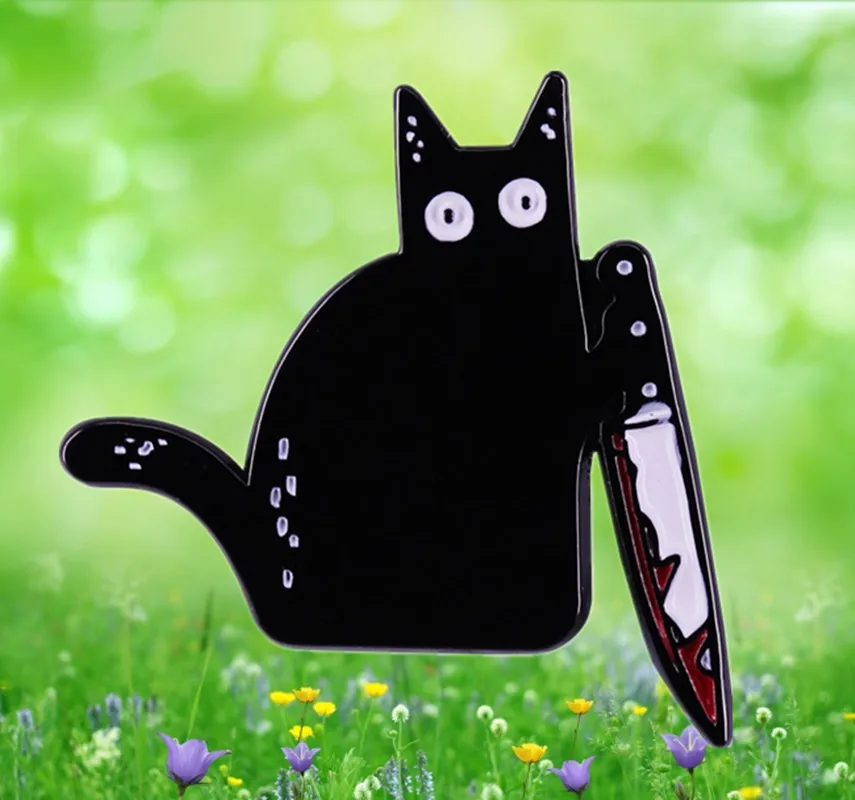 Slayer cat knife kitty Bloody Black Knifecat Enamel Pin spooky dark art brooch