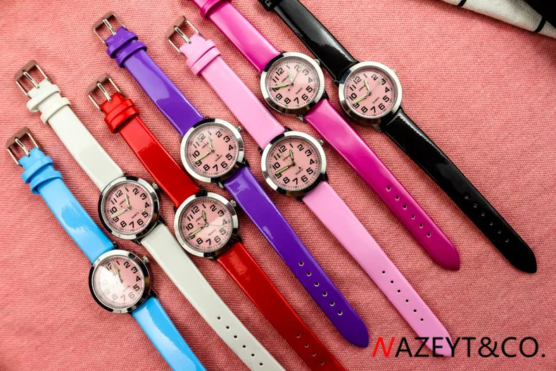 NAZEYT little boys girls cute pink face simple design quartz watch children PU leahter wristwatch kids luminous hands gift clock