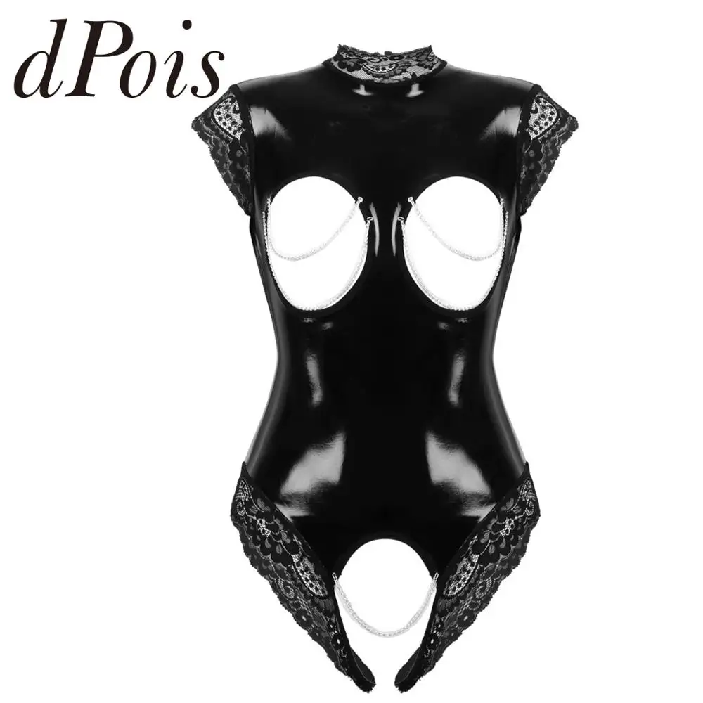 Womens One-piece Wet Look Patent Leather Sexy Lingerie High Neck Sleeveless Open Breast Crotchless Lace Trimmed Leotard Bodysuit