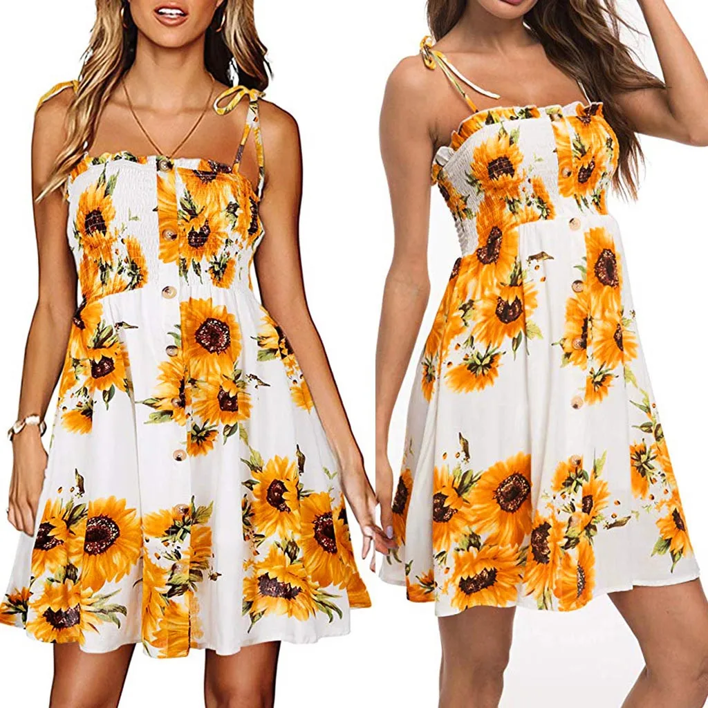 Stylish Bar 2020 Summer Sunflower Party Dress Women Camis Flora Printed Beach Dress Female Backless Mini Dresses Ladies Vestidos