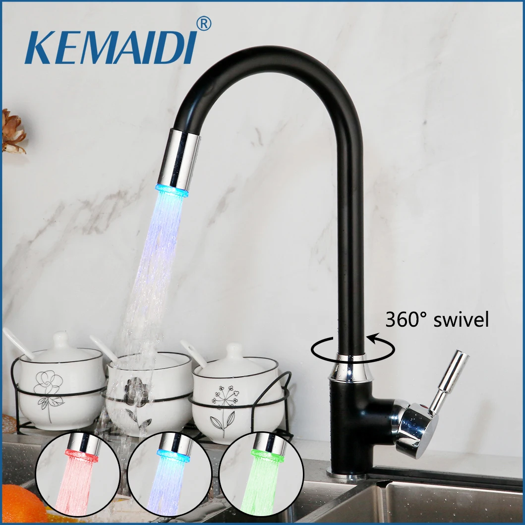 

KEMAIDI Black Kitchen Water Taps 360 Swivel Brass LED torneira cozinha kitchen faucets Hot and Cold water Swivel