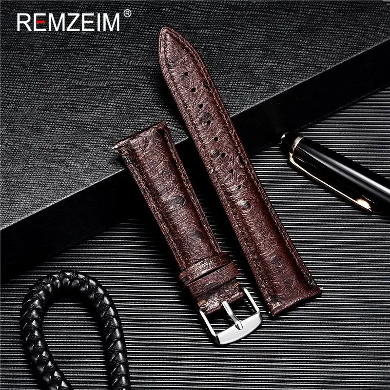 Watchband First Layer Cowhide Strap Ostrich Pattern 18mm 20mm 22mm Genuine Leather Quick Release Watch Strap With Solid Buckle