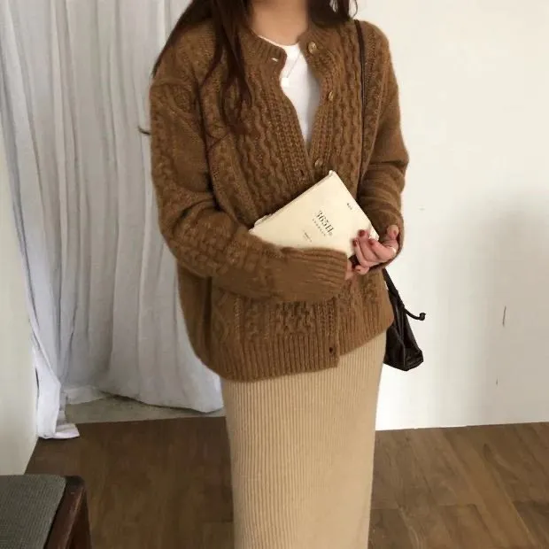 Fall winter new style cashmere sweater cardigan women loose lazy o-neck twist cardigans knitted jacket