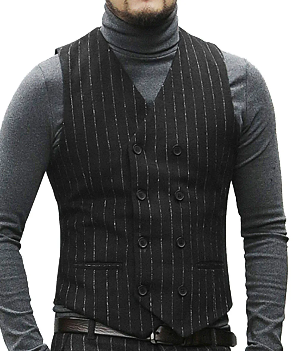 Mens Casual Suit Vest V Neck Notch Waistcoat Casual Formal Double-breasted Business Vest Groomman For Wedding Vest