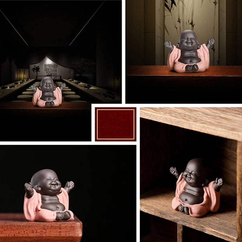 on sales one piece yixing zisha tea pet creative monk Buddha statue small size purple clay tea play smiling ornament in China