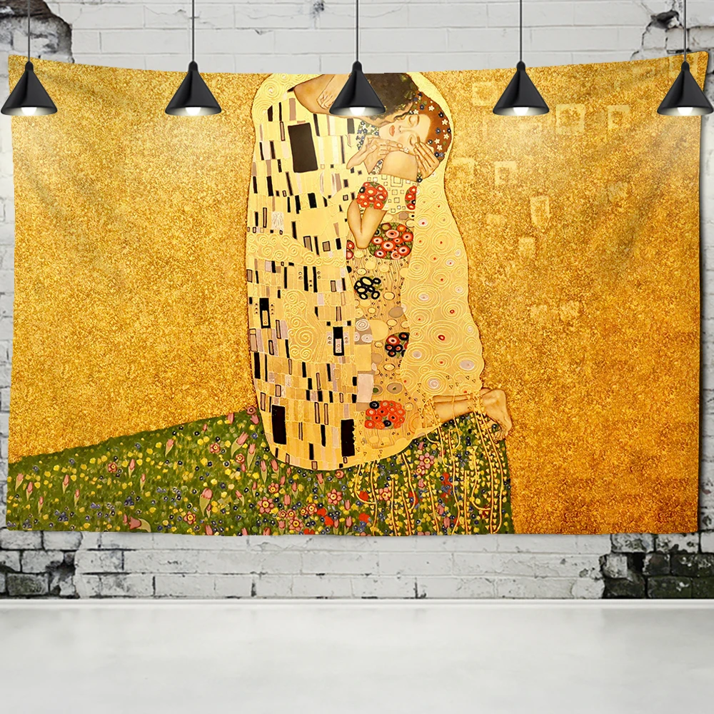 Gustav Klimt Oil Painting Tapestry Wall Hanging Kiss Of Gold Abstract Art Decoration Polyester Blanket Yoga Mat Home Bedroom Art