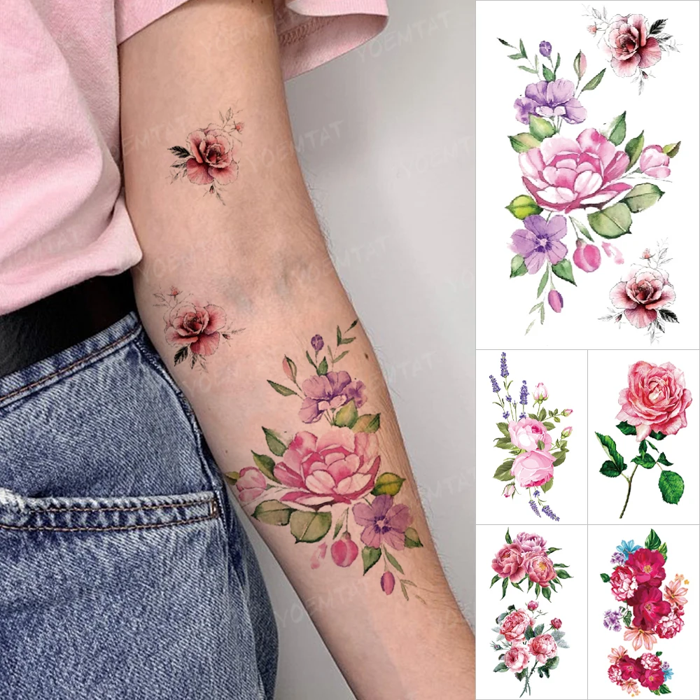 Waterproof Temporary Tattoo Sticker Peony Rose Leaf Branch Red Purple Fake Tatoo Small Arm Leg Men Women Glitter Tattoos Kids