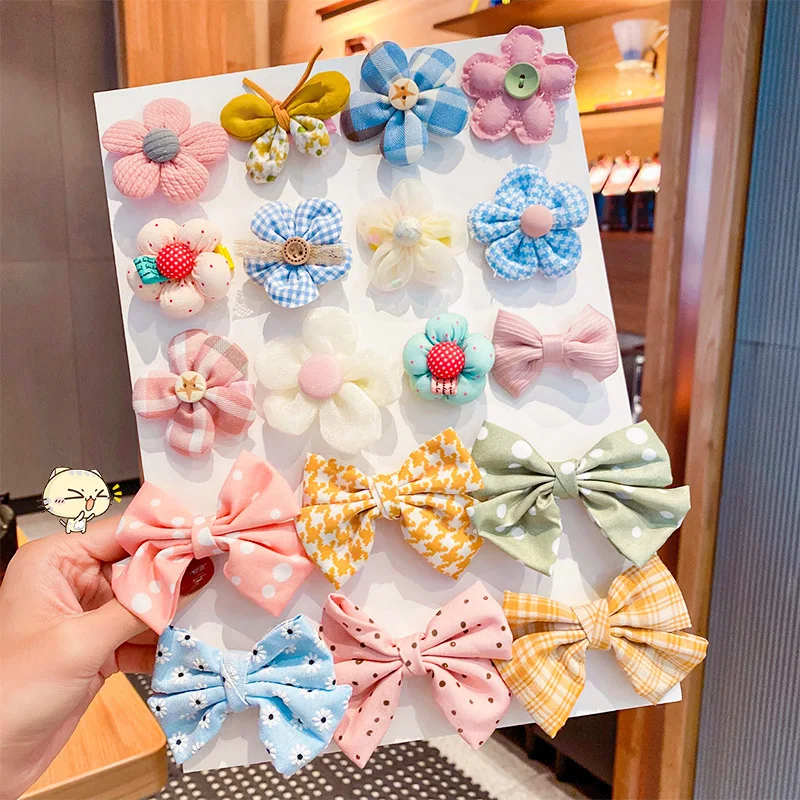 8pcs/Set Children Cute Cotton Bows Ornament Hairpins Baby Girls Colors Hair Clips Sweet Flower Plaid Headdress Kids  Accessories