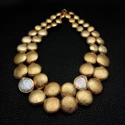 Y·YING 2 Rows Gold Plated Coin Bead White Pearl Necklace 18