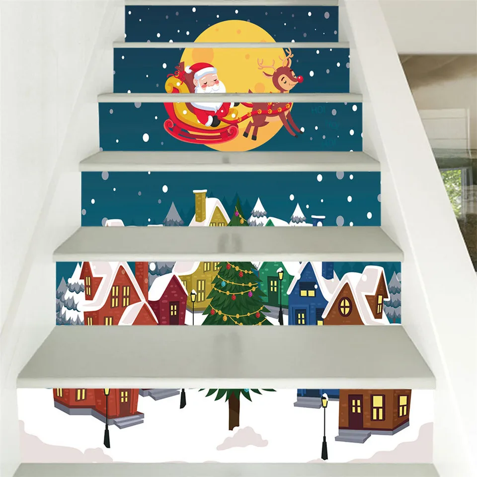 Christmas Decoration Stairs Sticker Self Stick Staircase Mural Stair Decal Fireplace Santa Claus Wallpapers For Xmas Home Decor