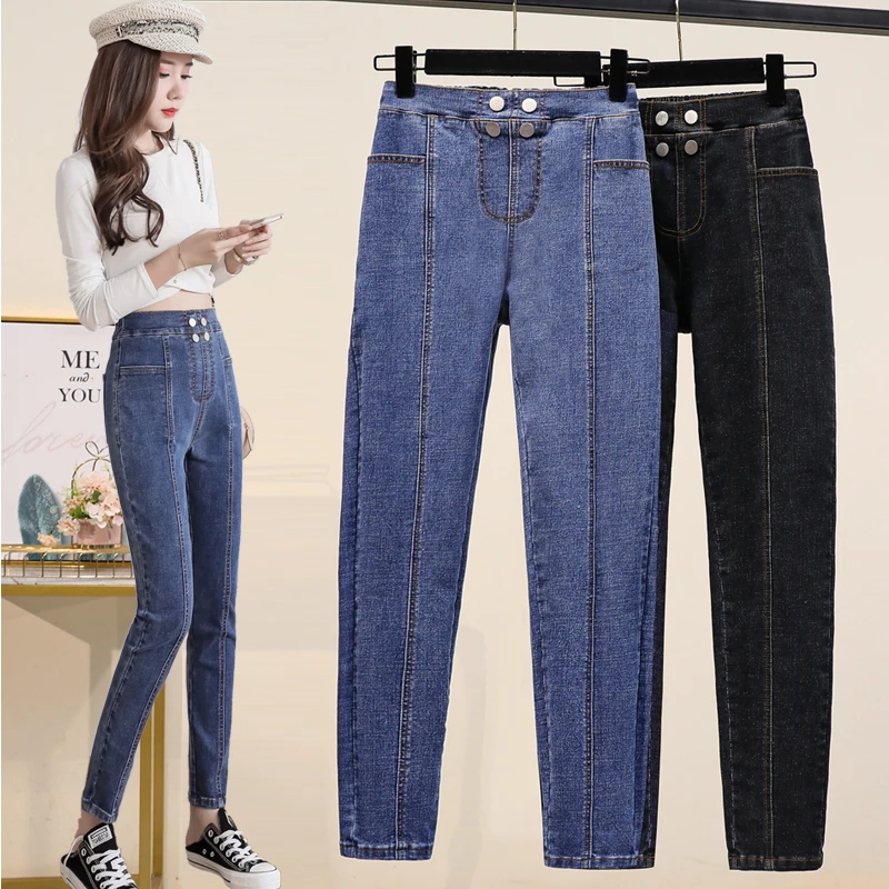 Plus size estiramento jeans feminino 2024 primavera outono grande elástico de cintura alta denim lápis calças oversized na moda feminina