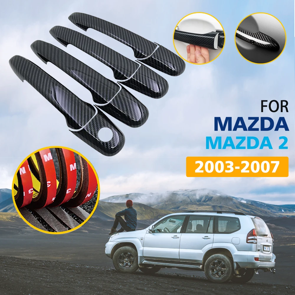 Black Colour Carbon Fiber Door Handles Cover Trim Set for Mazda 2 Demio DY Mazda2 2003~2007  Car Accessories Stickers 2004 2005