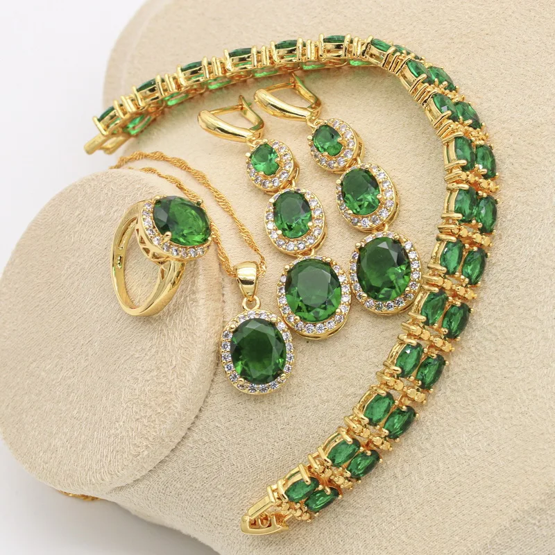 Green Topaz Gold Color Jewelry Sets For Women Bridal Necklace Earrings Open Ring Pendant Bracelets Wedding Jewelry Gift 4PCS