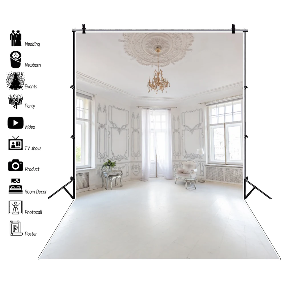 Laeacco French Window White Chic Wall Curtain Chandelier Sofa Leaves Portrait Photography Background Photo Backdrop Photo Studio