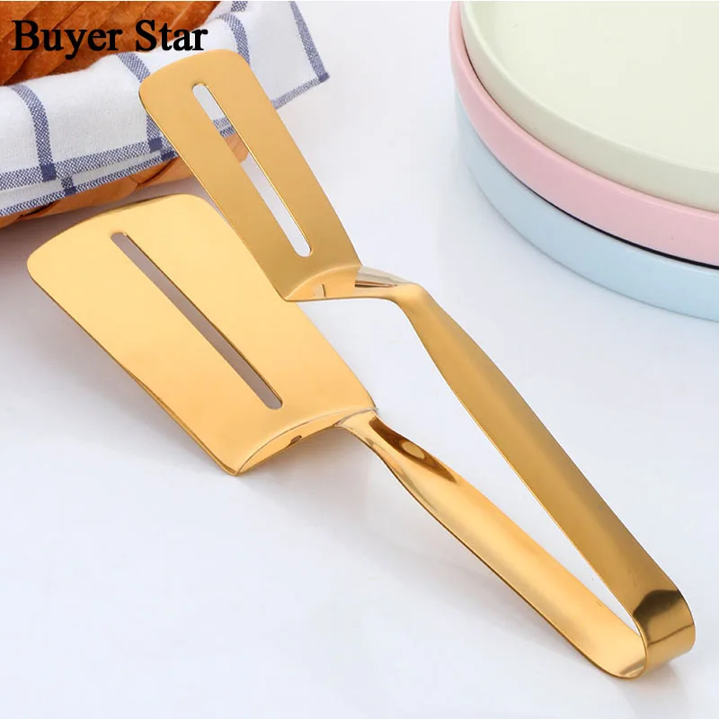 

Flat Food serving Tongs Stainless Steel Clamp Golden BBQ Steak Clip Fish Bread Pizza Cooking Tools Dessert clip Kitchen Utensil