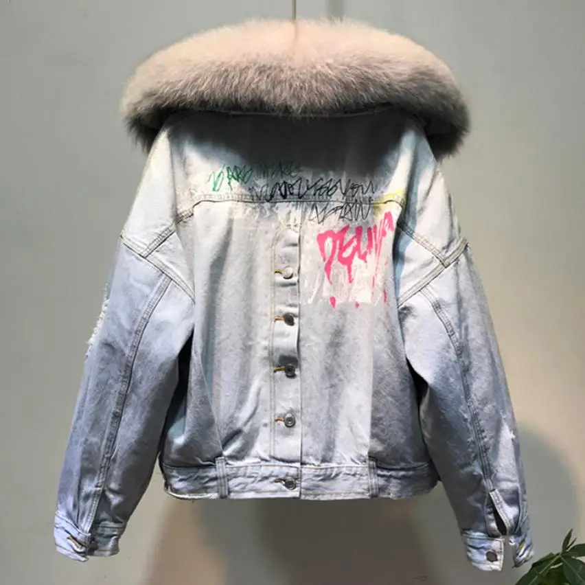 Winter Fashion Graffiti Warm Real Fox Fur Collar coat + Real Rabbit Hair Liner Denim Jacket Female Thick Real Fur Outwear F708