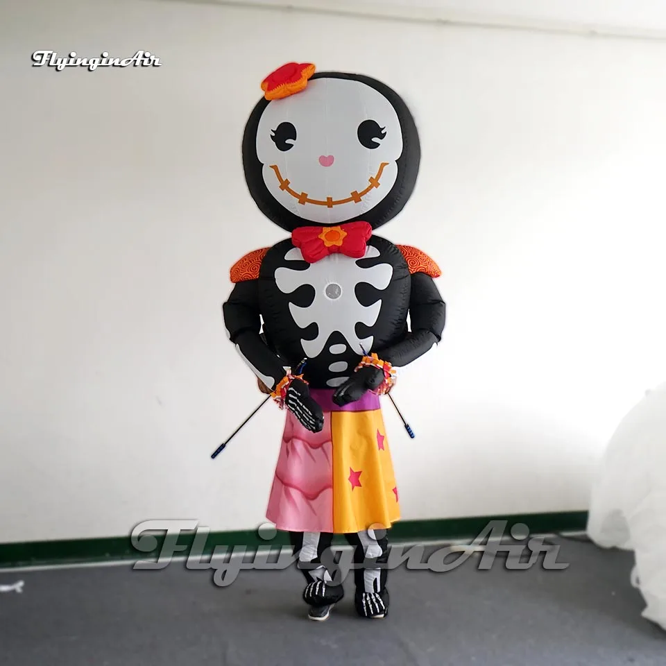 

Customized Funny Walking Inflatable Skull Girl Costume 2.5m Wearable Blow Up Skeleton Zombie Suit For Halloween Parade Show