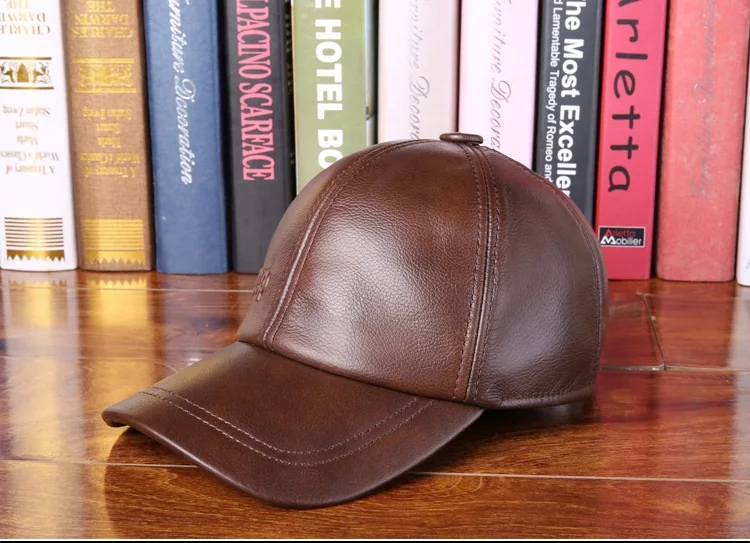 B-7251 Genuine Leather Hat Male Cowhide Men\'s Casual Cap Adult Thermal Middle Age Baseball Hat Ear Protective Adjust Size