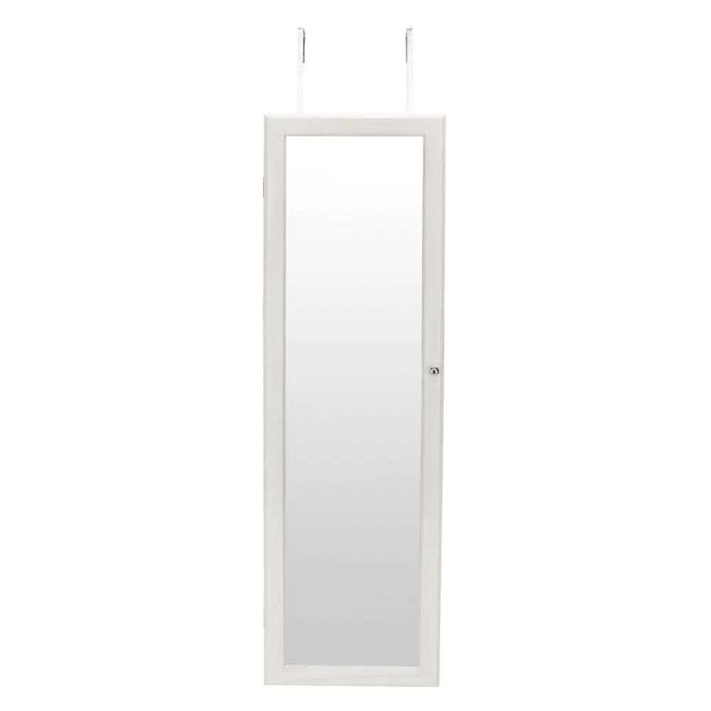 Whole Body Dressing Mirror Jewelry Storage Cabinet Retro PVC Wood Grain Coating Large Space with LED Various Hooks White[US-W]