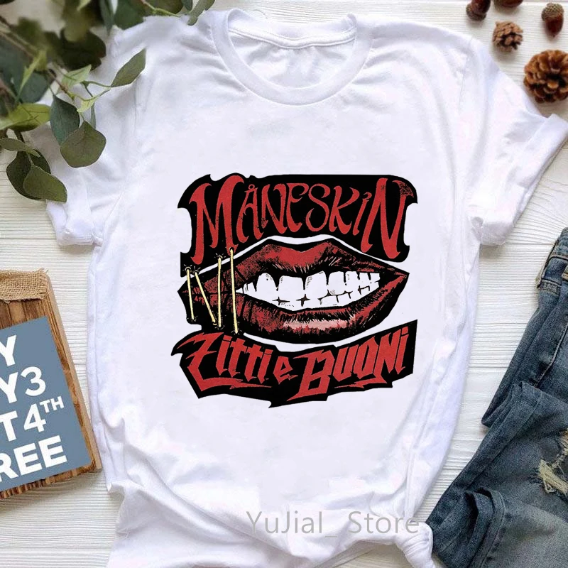 

MANESKIN Zitti E Buoni Lips Print Tshirt Women Clothes 2024 Cool Hip Hop Tee Shirt Femme Harajuku Shirt Summer T-Shirt