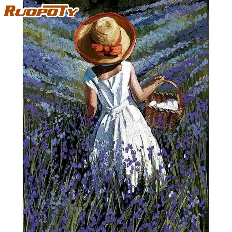 

RUOPOTY Framed Oil Painting By Numbers Little Girl In Grass Scenery Picture By Number HandPainted Home Wall Decoration Artcraft