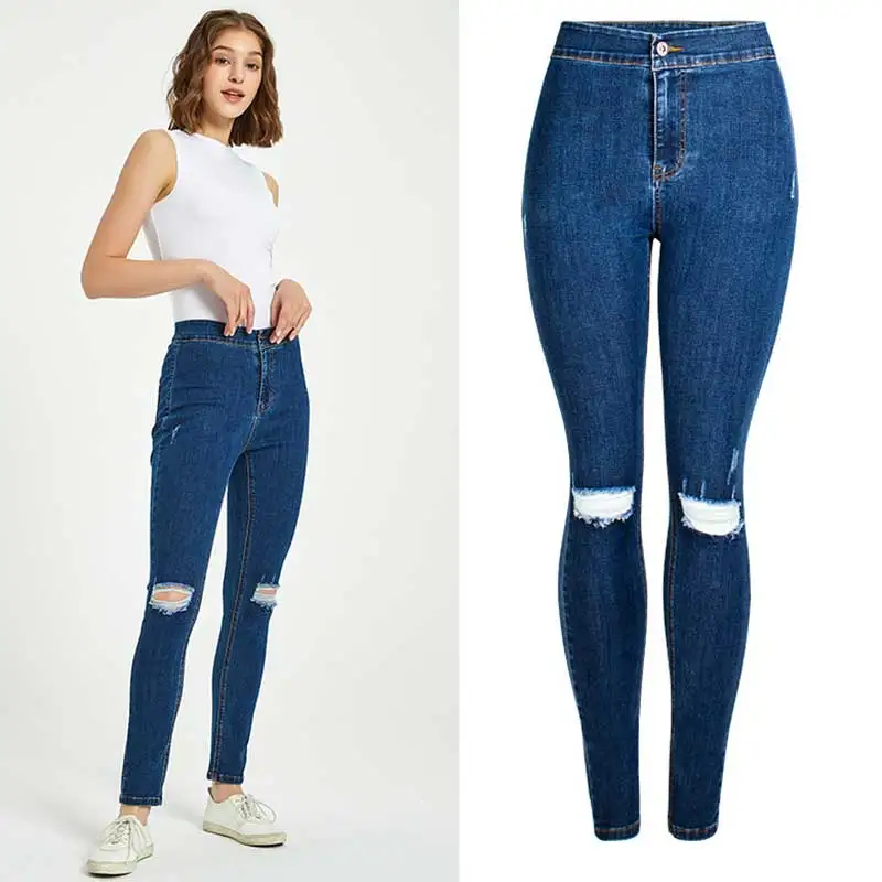 Fashion Denim High Waist Jeans Womens Sexy Woman Stretchy Slim Casual Holes Pencil Elastic Jeans Denim Pants