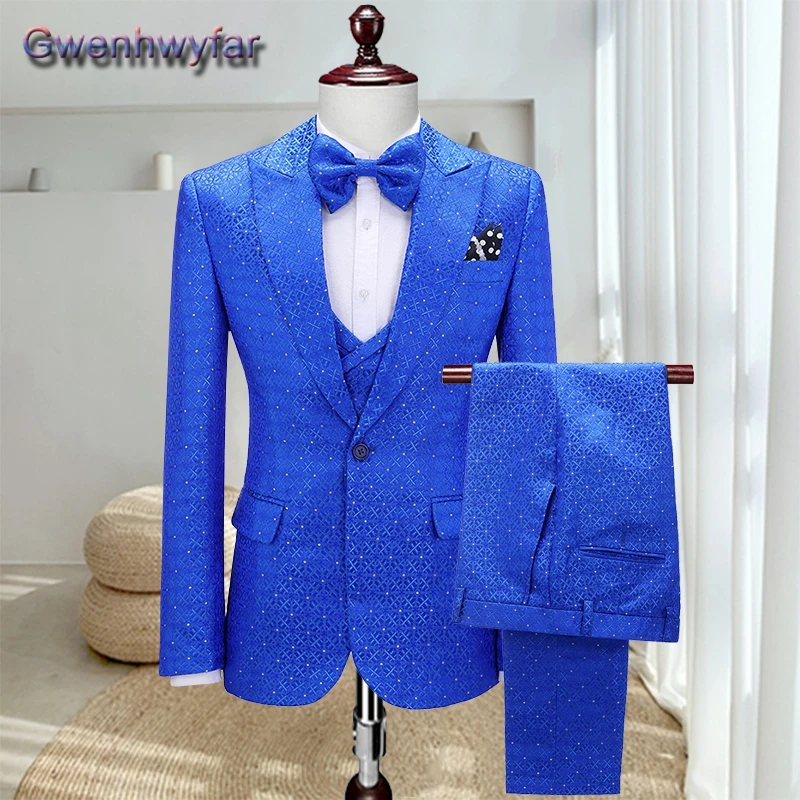 

Gwenhwyfar Blue Men's Sut For Wedding Party Dinner Peaked Lapel Single Breasted Groomsmen Tuxedos Custome Homme Blazer Vest Pant