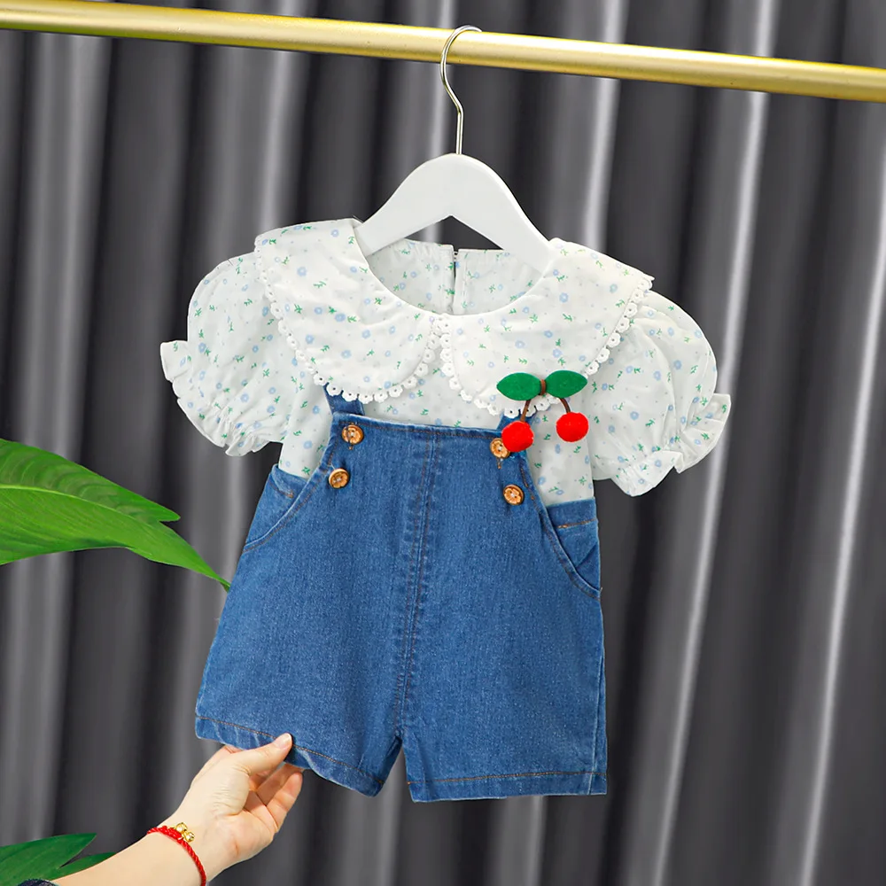 New Summer newborn girl baby clothes outfit sets floral shirt + denim overalls suit for girls baby clothing 1 year birthday sets