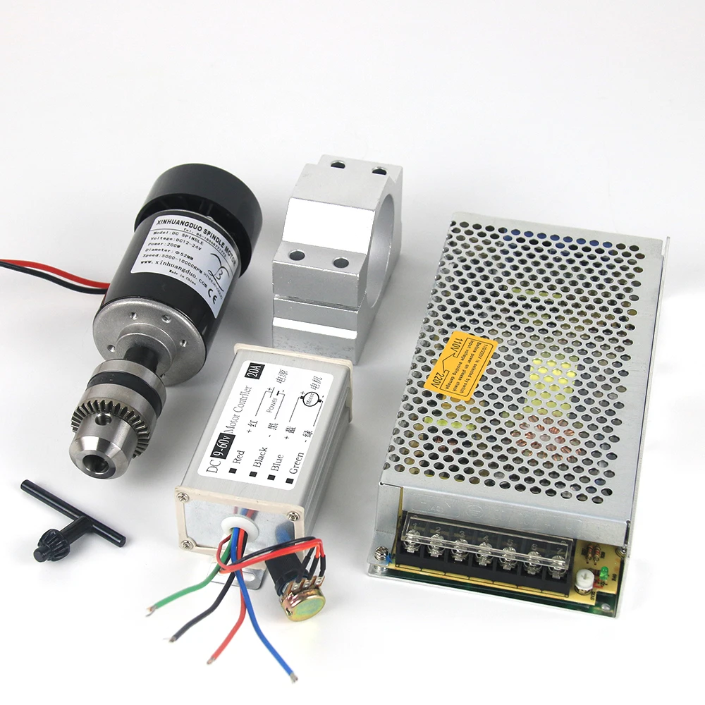Refrigerado Motor do Eixo Máquina Cnc Faça Você Mesmo Regulador de Alimentação Pulso 0.2kw 200w 52 Milímetros Clamp 24v 10000rpm 280 Milímetros ar