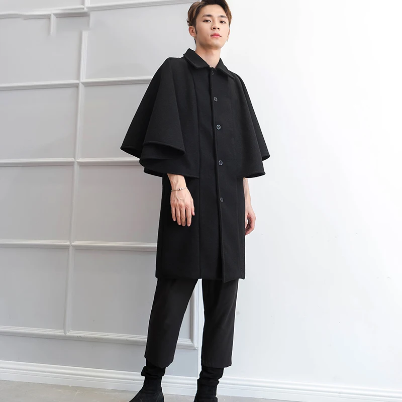 Long section autumn and winter vests loose cloak woolen coat coat sleeveless fake 2 bat shirt shawl tide male