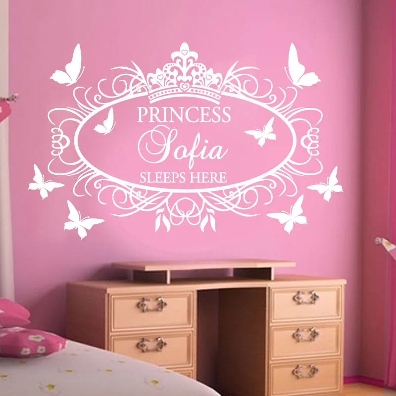 DIY Princess Crown Butterflies Personalized Custom Name Wall Stickers Nursery Decor Kids Room Wedding Hall Wall Stickers