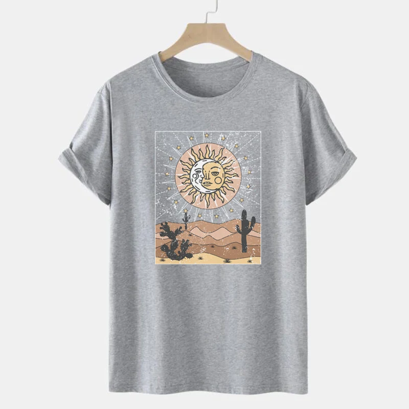 Słońce księżyc kaktus pustynia Retro T koszula Vintage styl Boho z krótkim rękawem damska koszulka Plus rozmiar estetyczny niebiański graficzny Tee