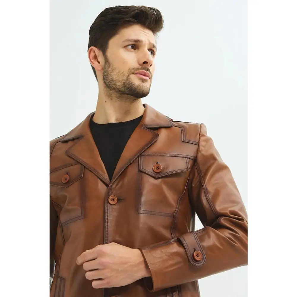 Brown Genuine Men's Leather Coats Sports Biker Jacket Autumn Spring Season Clothing Soft Sheepskin Made in Turkey