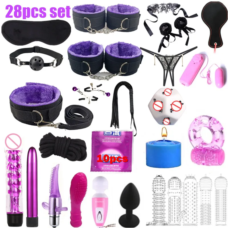 

Bdsm 28pcs set Vibrator Bondage Set Metal Anal Plug Sex Toys for Women Men Handcuffs Sex Nipple Clamps Whip Spanking Rope