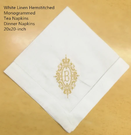 Set of 12 Fshion Monogrammed Dinner Napkins White linen Hemstitch Table Napkins 20