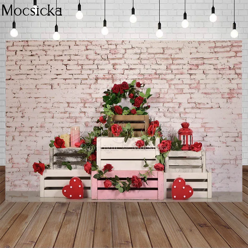 Mocsicka Valentine's Day Photography Backdrops Vintage Brick Wall Love Heart Candle Flowers Birthday Cake Smash Photo Background