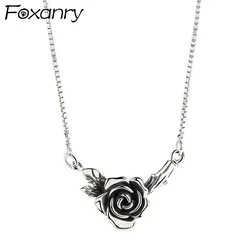 FOXANRY Silver Color Necklace for Women Trendy Elegant Vintage Make Old Design Rose Flower Thai Silver Party Jewelry Gift