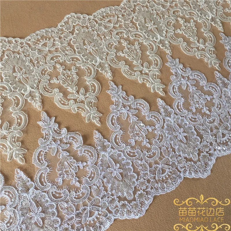 Delicate 1Yard White/Ivory Sequin Cording Fabric Flower Venise Venice Mesh Lace Trim Applique Sewing Craft for Wedding Dec. 23cm