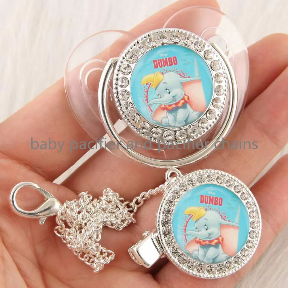 1set Disney Cartoon Silver Transparent Baby Pacifier with Clip Newborn BPA Free Luxury Bling Tetine Bebe and Pacifier Clips