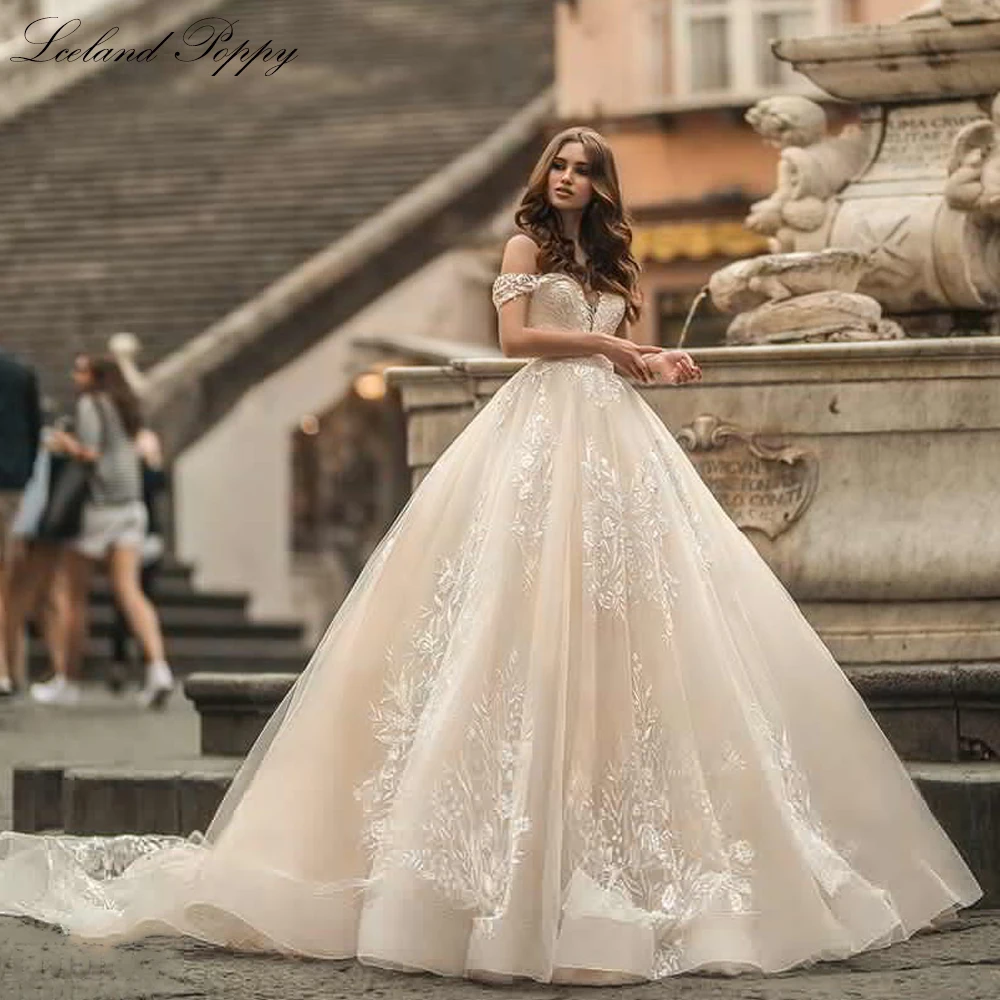 Lceland Poppy Customized Ball Gown Tulle Wedding Dresses Off the Shoulder Lace Appliques Bridal Gowns