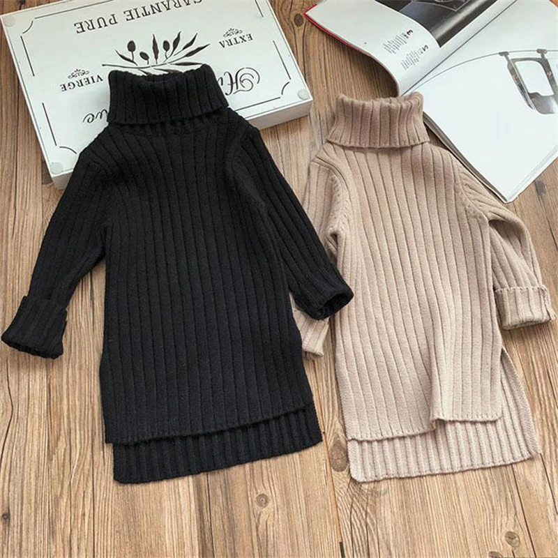 Toddler Girl Spring Dress 2024 Winter Sweater Clothes Solid Color Baby Girls Turtleneck Clothes 2-7Y Little Knitting