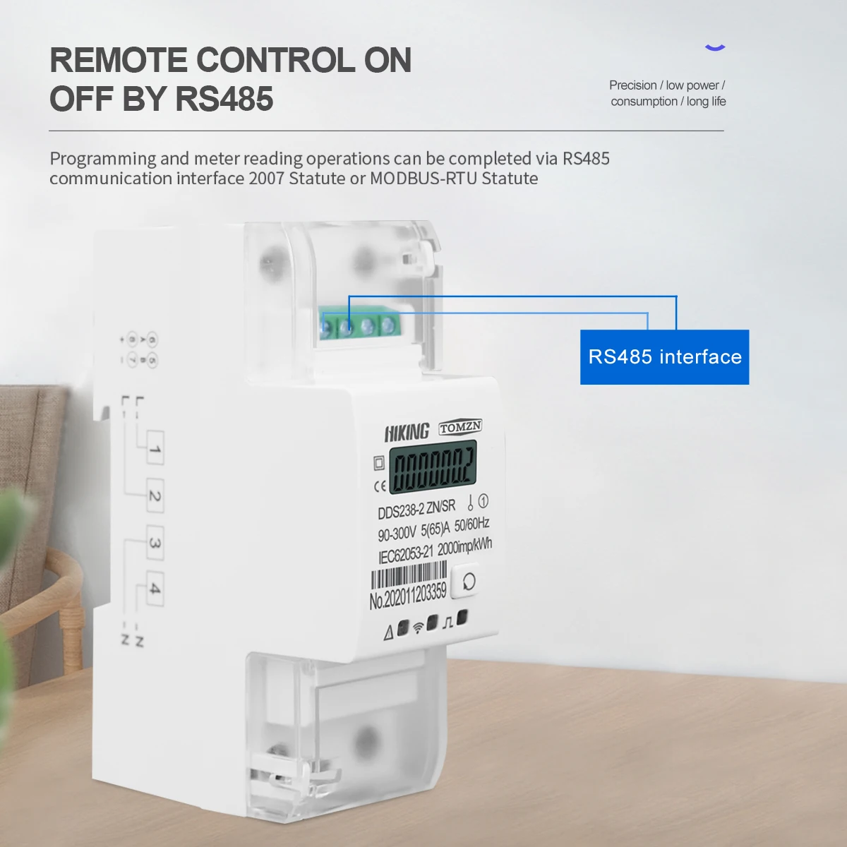 Din rail Single phase Multi function Energy meter 90-300V Kwh MODBUS-RUT Watt hour meter Remote control ON/OFF by Rs485 65A