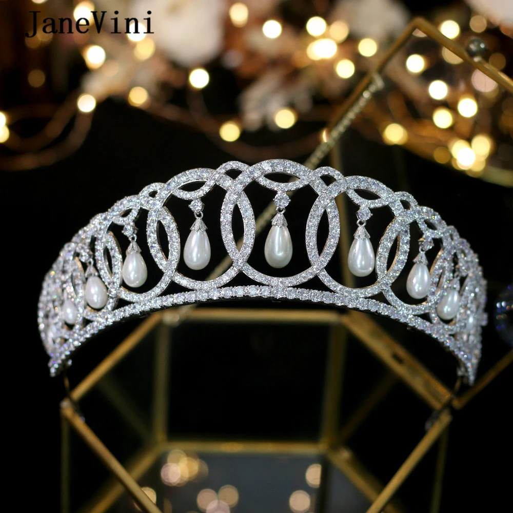 

JaneVini Luxury Pearls Zircon Queen Elizabeth Crowns Luxury European Court Silver Bridal Tiaras Wedding Jewelry Hair Accessories