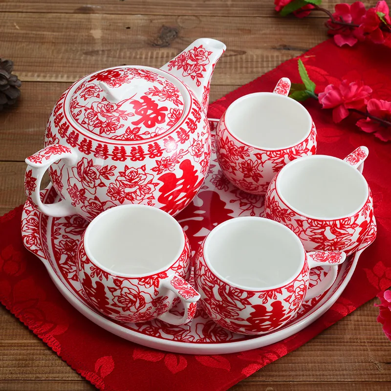 

Chinese paper cut red tea cup creative ceramic wedding teapot Wedding Tea Set Wedding Gift