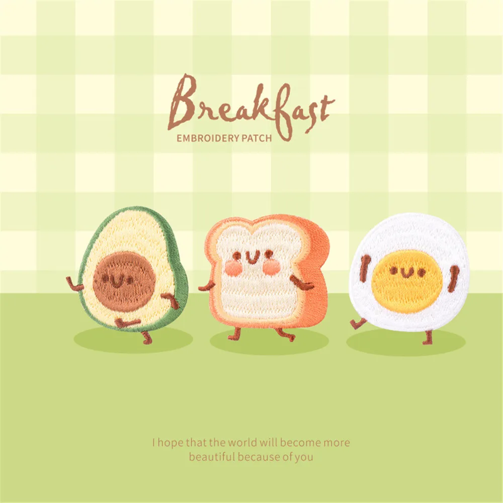 AHYONNIEX Happy Breakfast Embroidery Bread Egg Avocado Patches For DIY Clothing Iron on Patch with Hot Melt Glue on The Back