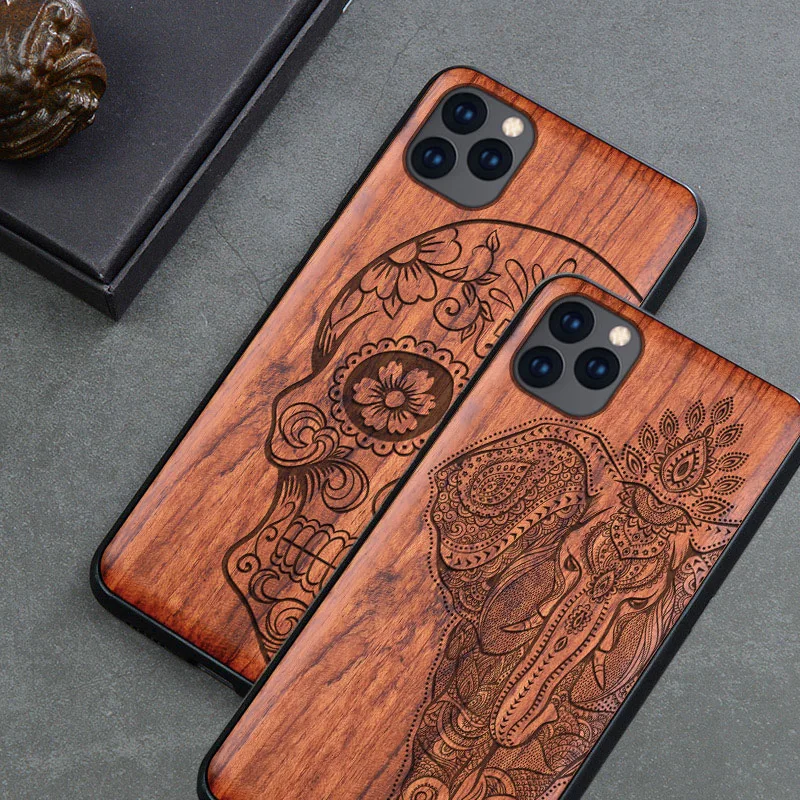 Carved Skull Wood Phone Case For iPhone 7 8 plus X XR XS Max Silicon Wooden Case Cover For iPhone 11 Pro Max