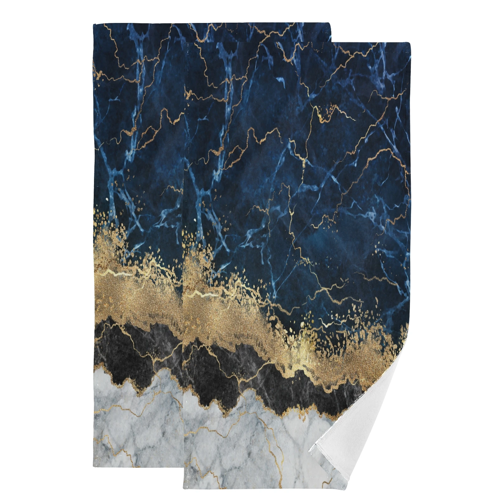 Navy Blue Marble With Golden Veins Bath Towels Set of 2 Hand Towels For Bathroom Gym Spa Cotton Absorbent Soft Towels Washcloths