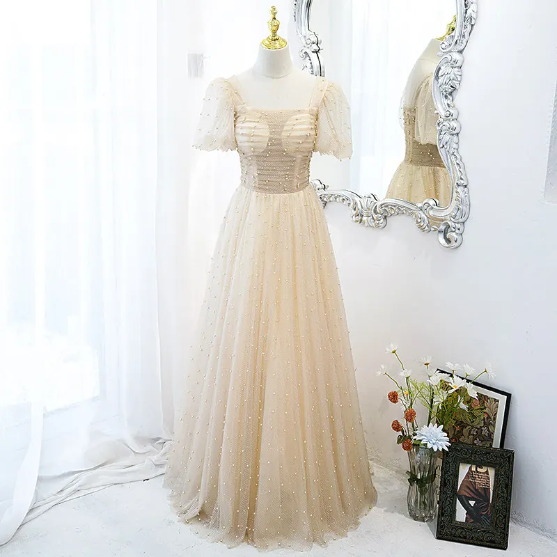 

Champagne Luxurious Evening Dress Short Sleeves Pearls Floor-Length Square Collar A-Line Tulle Party Formal Dresses Woman B1294