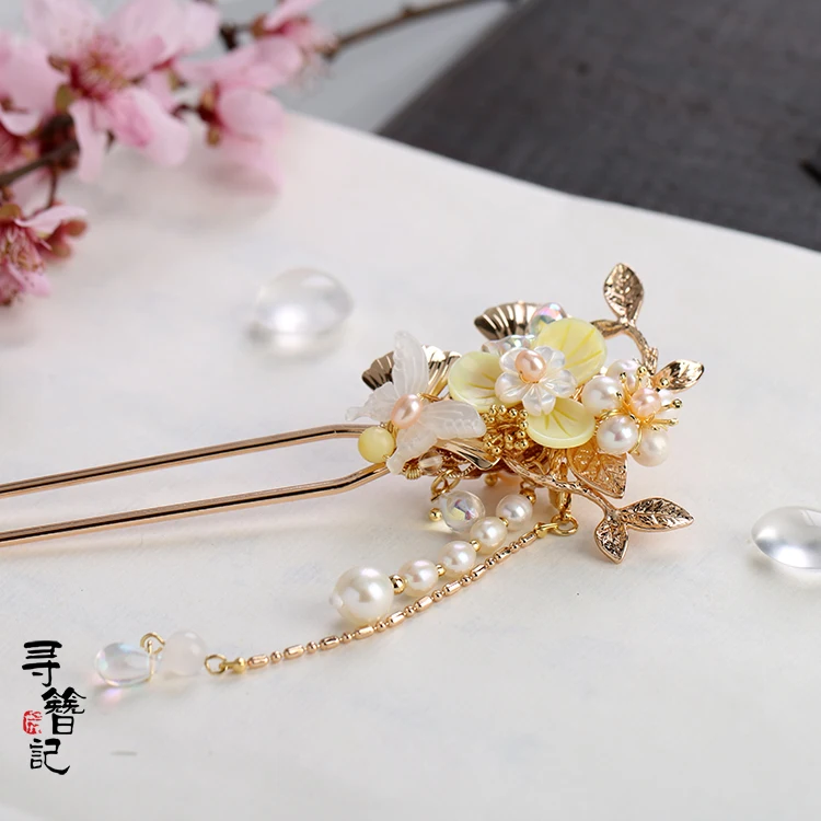 Original Handmade Hanfu Kanzashi Hair Ornaments Yellow Shell Flower Ginkgo Pearl Tassel Hair Accessories Hair Stick Headdress